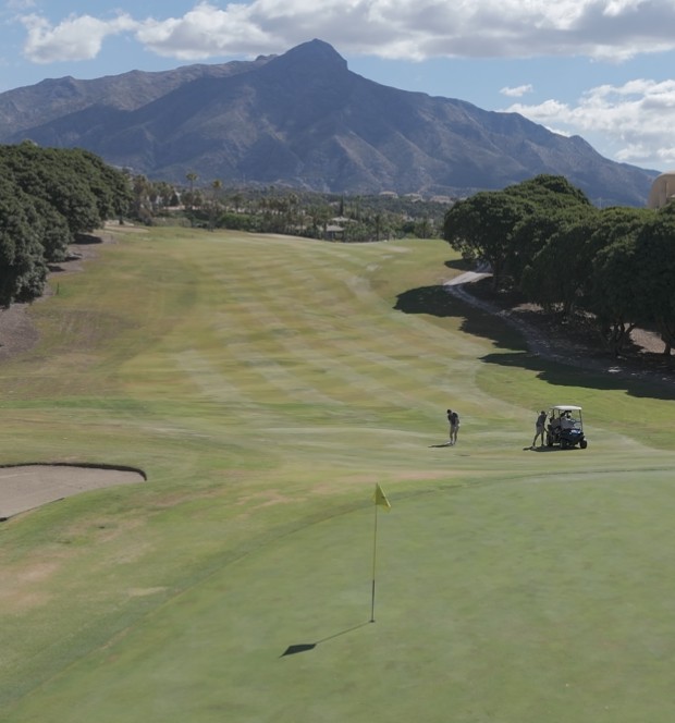 Drone hovering over a golf course